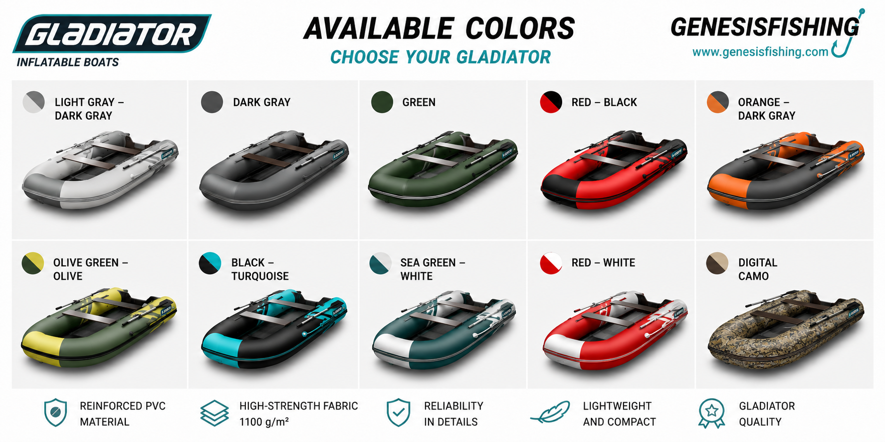 Available colors for GLADIATOR inflatable boats